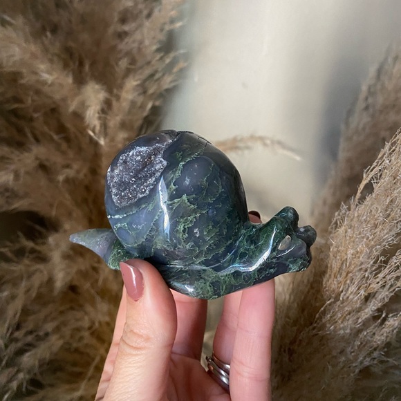 Rare moss agate crystal snail with druzy - Picture 1 of 2